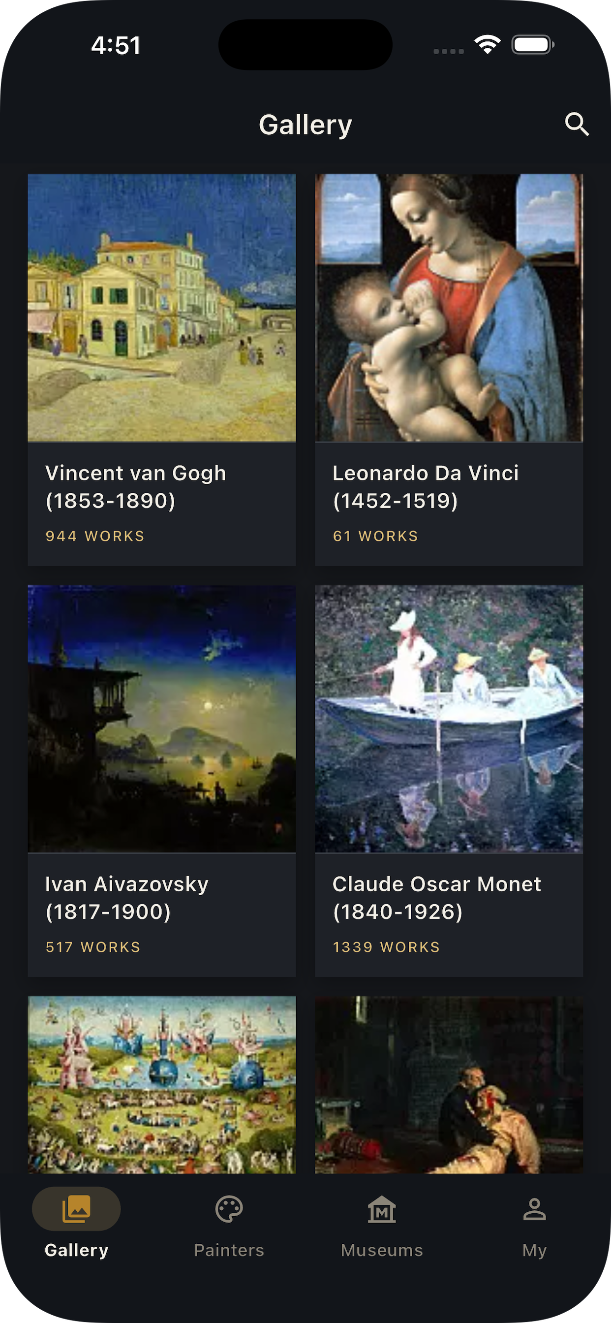Paintings app gallery screen showing famous artists
