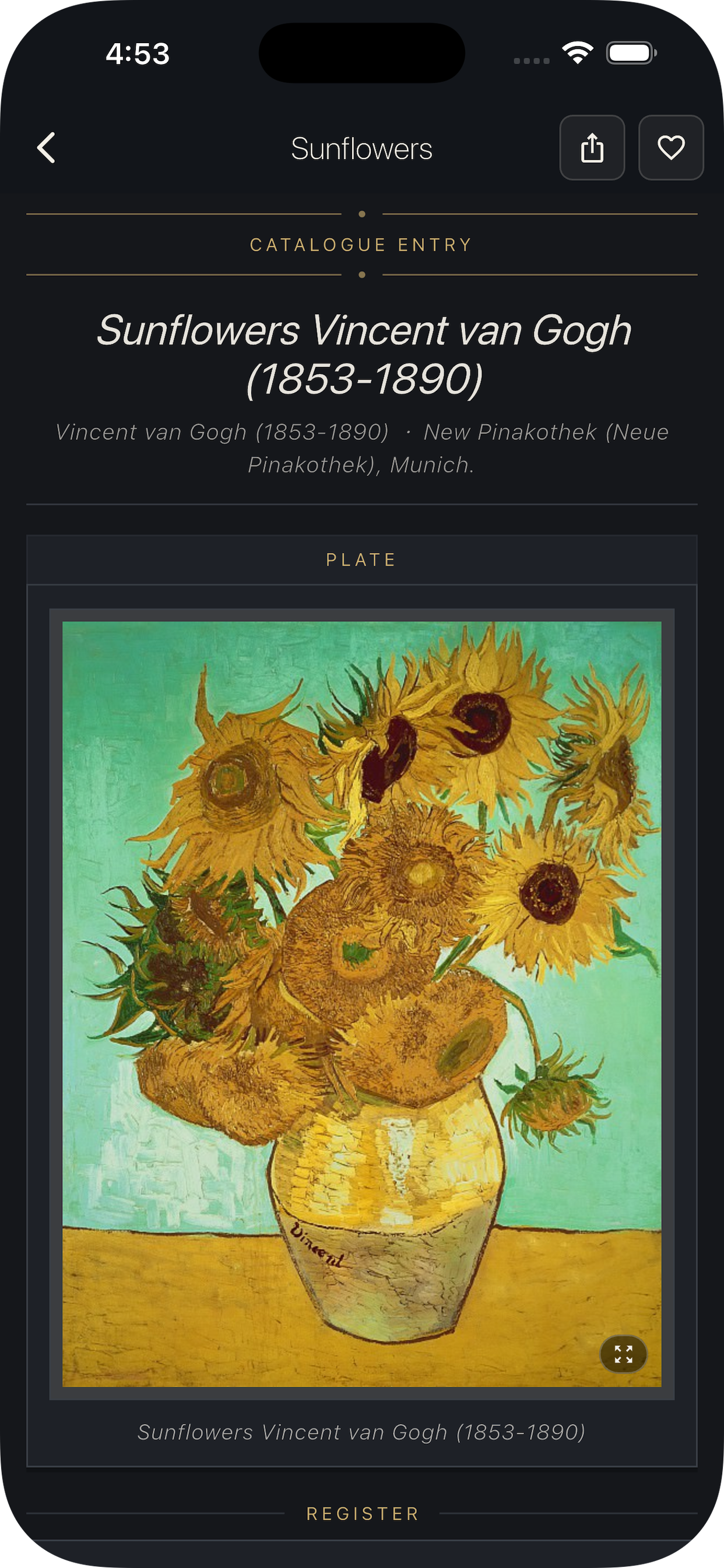 Artwork detail with catalogue entry